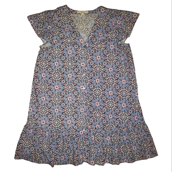 Loft Medallion Print Button Front Drop Waist Ruffle Flounce Mini Swing Dress L - Picture 12 of 16
